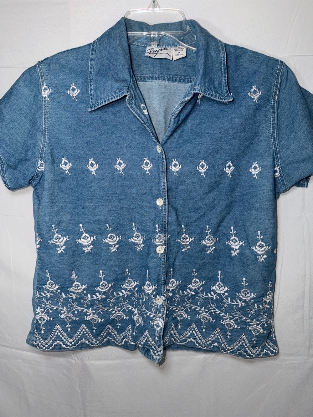 Embroidered Blue Short Sleeve Button-Up Denim Shirt